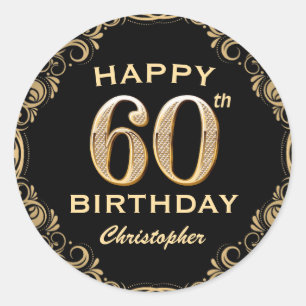 60th Birthday Party Black and Gold Glitter Frame Classic Round Sticker