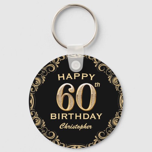 60th Birthday Party Black and Gold Glitter Frame Keychain