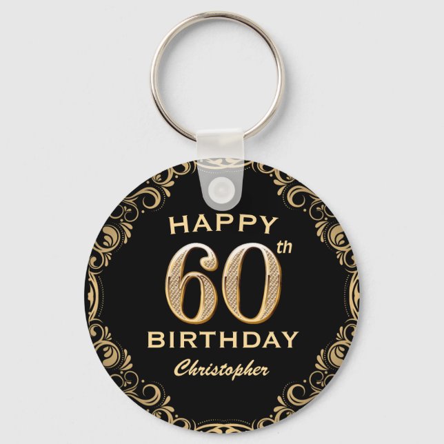 60th Birthday Party Black and Gold Glitter Frame Keychain (Front)