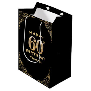 60th Birthday Party Black and Gold Glitter Frame Medium Gift Bag