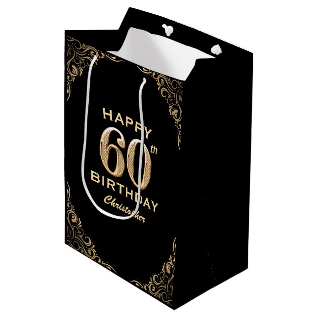 60th Birthday Party Black and Gold Glitter Frame Medium Gift Bag (Front Angled)