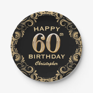 60th Birthday Party Black and Gold Glitter Frame Paper Plates