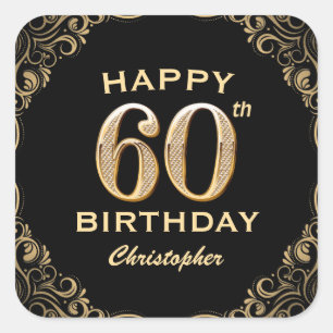 60th Birthday Party Black and Gold Glitter Frame Square Sticker