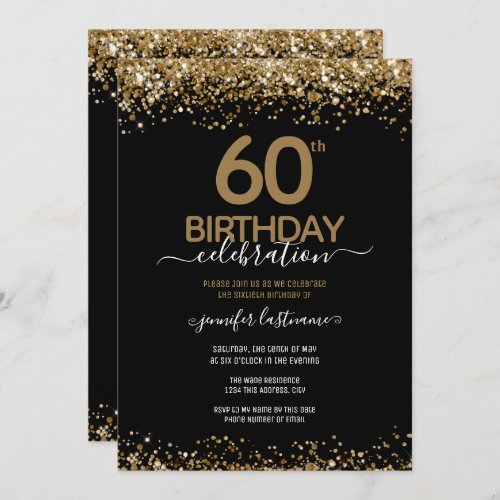 60th Birthday Party Black and Gold Invitation