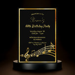 60th birthday party black and gold music notes invitation<br><div class="desc">A trendy, modern 60th birthday party invitation card for both men and women. A classic black background, with faux gold frame and music notes, golden colored letters. Templates for your party information. Back: Black color faux gold music notes. Tip: If you don't want it to look like a postcard, click...</div>