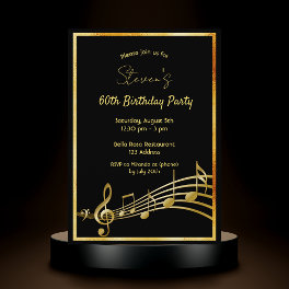60th birthday party black and gold music notes invitation