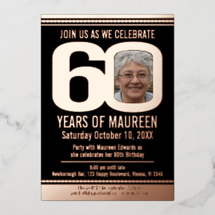 60th Birthday party black and rose gold foil photo Invitation