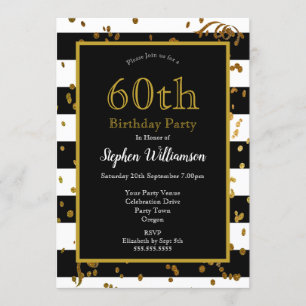 60th Birthday Party Black and White Gold Glitter Invitation