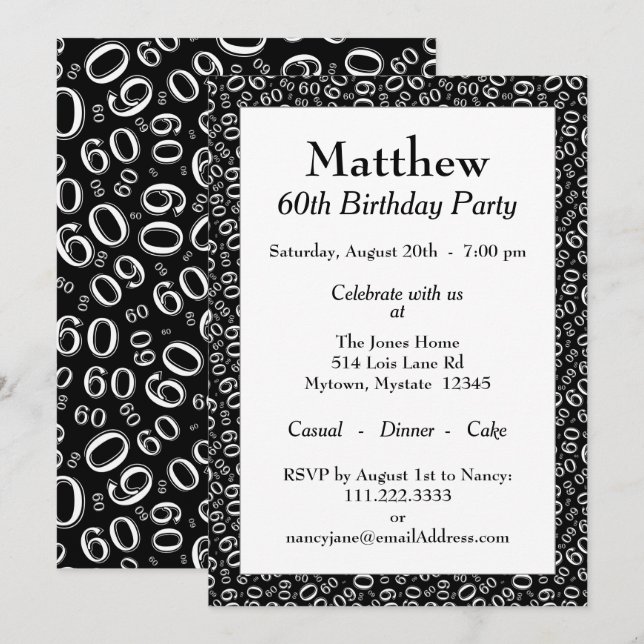 60th Birthday Party Black and White Number Pattern Invitation (Front/Back)