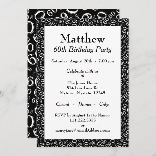 60th Birthday Party Black and White Number Pattern Invitation