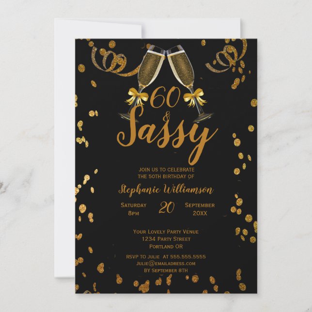60th Birthday Party Black | Faux Gold Champagne Invitation (Front)