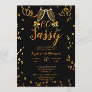 60th Birthday Party Black Faux Gold Champagne Invitation