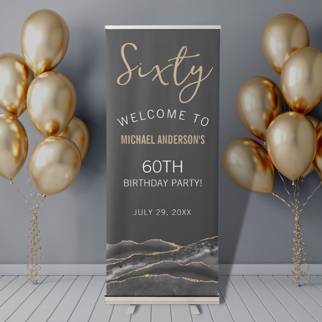 60th Birthday Party Black Gold Agate Welcome  Retractable Banner (Creator Uploaded)