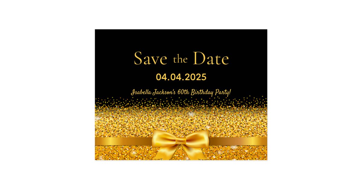 60th birthday party black gold bow save the date postcard