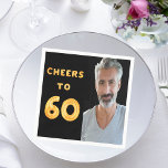 60th birthday party black gold cheers photo napkins<br><div class="desc">A napkin for a 60th birthday party. Template for your photo.  Black background and the tex: Cheers to 60.  The text is written with a trendy faux gold balloon script.</div>