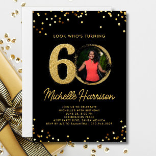60th Birthday Party Black Gold Confetti Photo Invitation