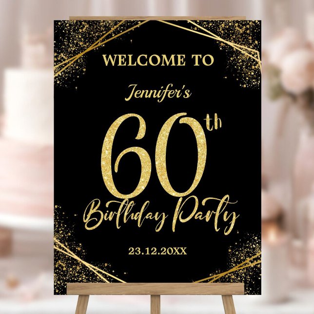 60th Birthday Party Black & Gold Glitter Welcome Foam Board (Creator Uploaded)