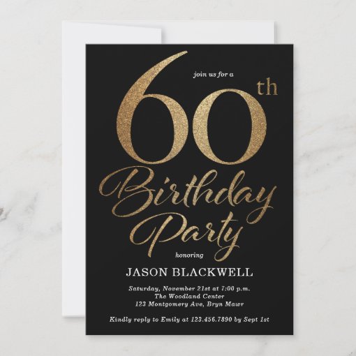 60th Birthday Party Black & Gold Invitation | Zazzle