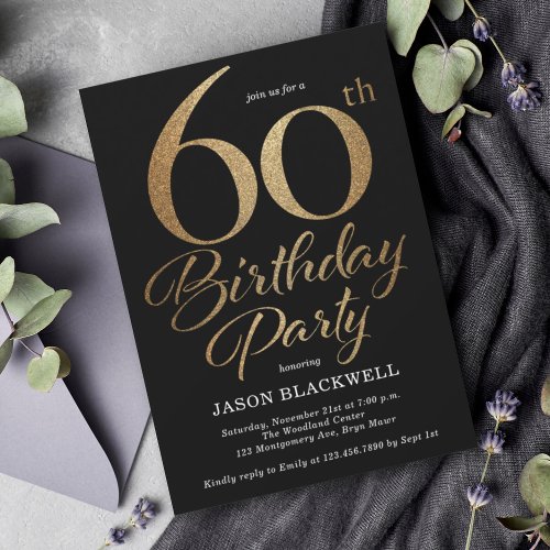 60th Birthday Party Black  Gold Invitation