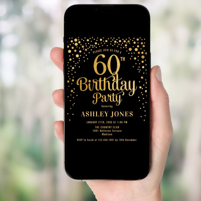 60th Birthday Party - Black & Gold Invitation (Front Digital)