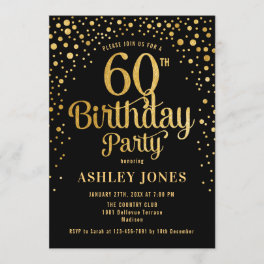 60th Birthday Party - Black & Gold Invitation