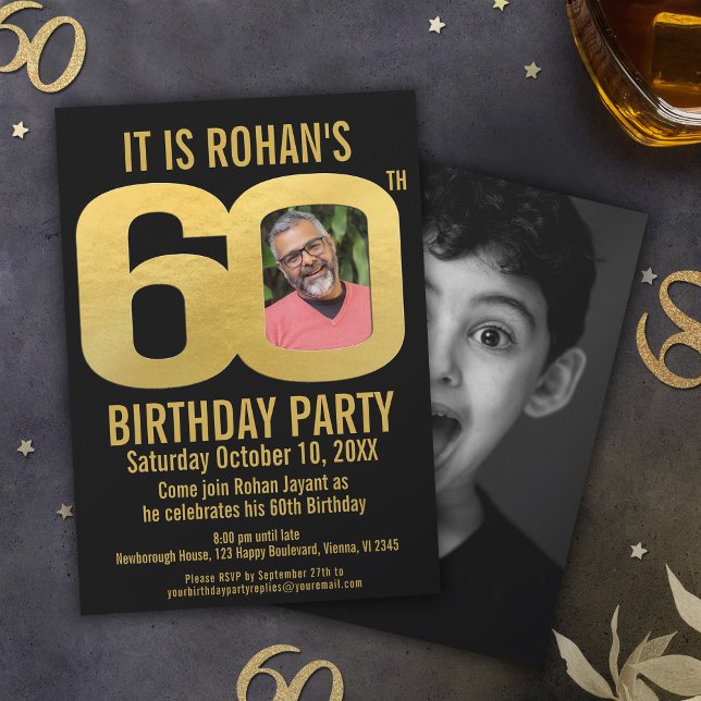 60th Birthday party black gold now then photo Invitation (Creator Uploaded)
