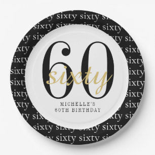 60th Birthday Party Black Gold Paper Plates