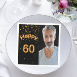 60th birthday party black gold photo napkins<br><div class="desc">A napkin for guys 60th birthday party. Template for your photo.  Black background color and the text: Happy 60.  The text is written with a trendy faux gold balloon script. The world happy with curved letters. Golden confetti as decor.</div>