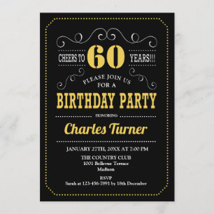 60th Birthday Party - Black Gold White Invitation