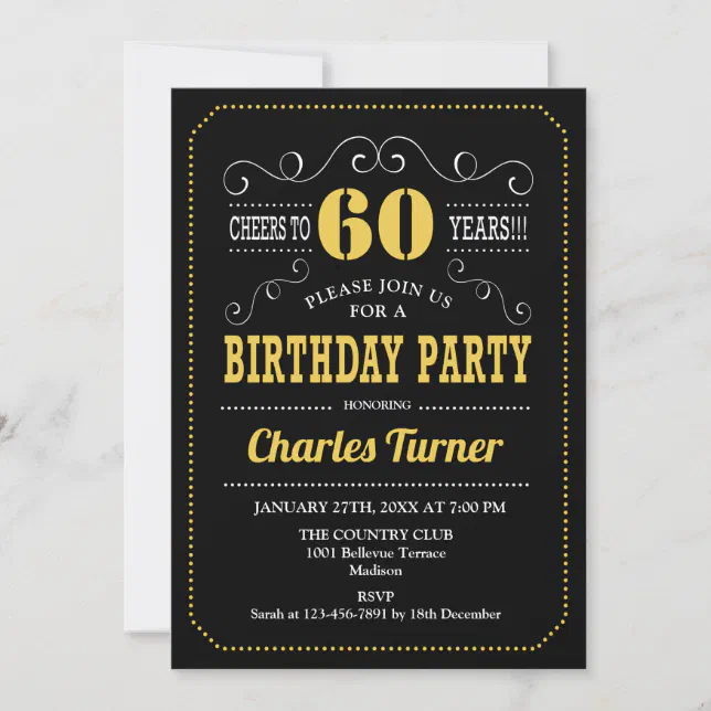 60th Birthday Party - Black Gold White Invitation | Zazzle