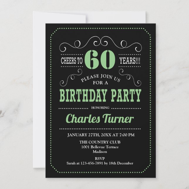 60th Birthday Party - Black Green Invitation (Front)