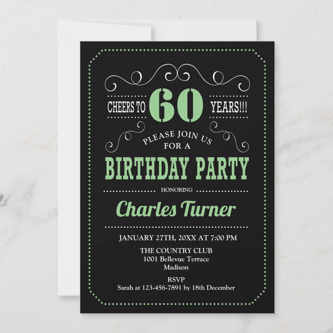 60th Birthday Party - Black Green Invitation | Zazzle