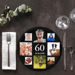 60th birthday party black photo collage men guy paper plates<br><div class="desc">A paper plate for a 60 birthday party for a man,  guy,  celebrating his life with a collage of 8 of your own photos.  Templates the age 60 and a date.  Date of birth or the date of the party.  White colored letters.  Black background.</div>
