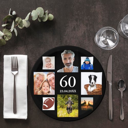 60th birthday party black photo collage men guy paper plates