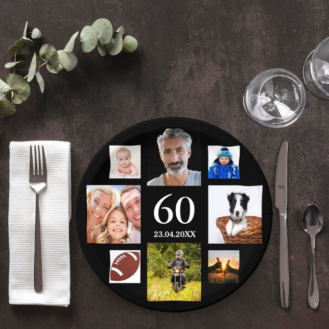 60th birthday party black photo collage men guy paper plates (Creator Uploaded)
