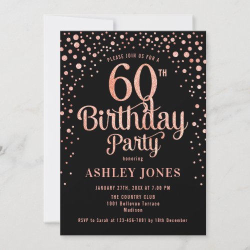 60th Birthday Party _ Black  Rose Gold Invitation