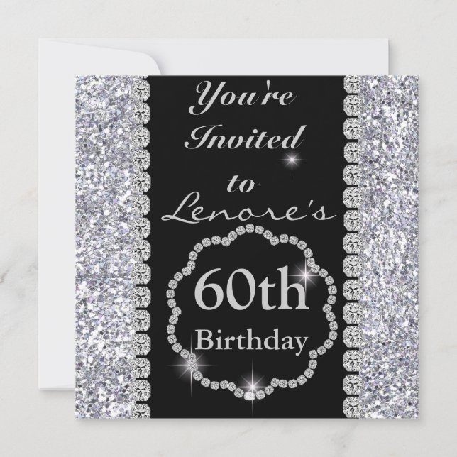 60th  Birthday Party Black & Silver BLING Invita Invitation (Front)