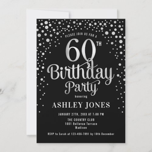60th Birthday Party _ Black  Silver Invitation