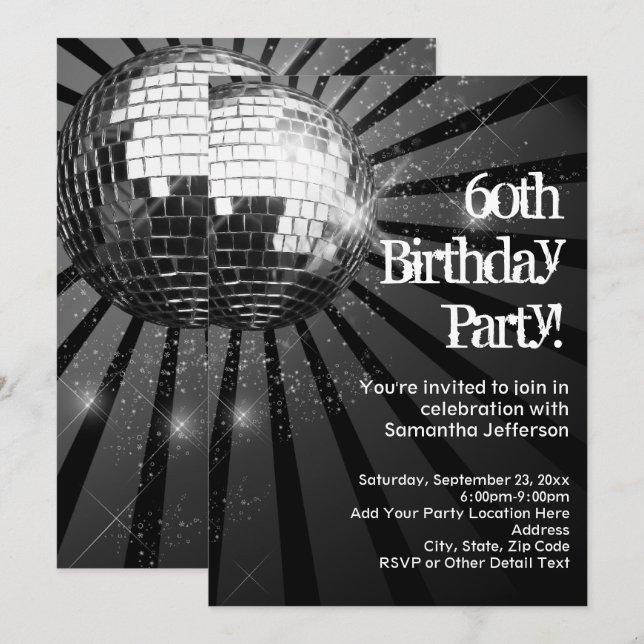 60th Birthday Party Black Sparkle Disco Ball Invitation (Front/Back)