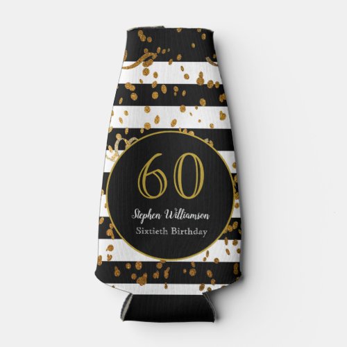 60th Birthday Party Black White and Gold Glitter Bottle Cooler