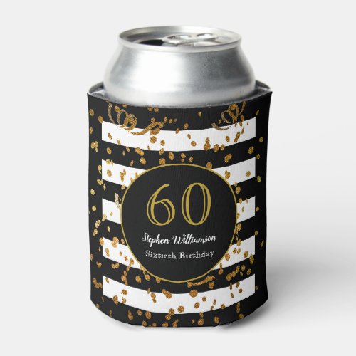 60th Birthday Party Black White and Gold Glitter Can Cooler
