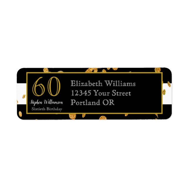 60th Birthday Party| Black White and Gold Glitter Label (Front)