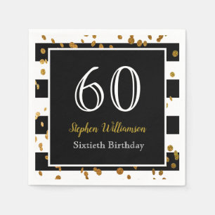 60th Birthday Party Black White and Gold Glitter Napkins