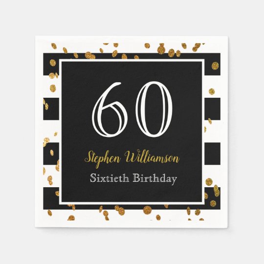 60th Birthday Party| Black White and Gold Glitter Napkins | Zazzle.com