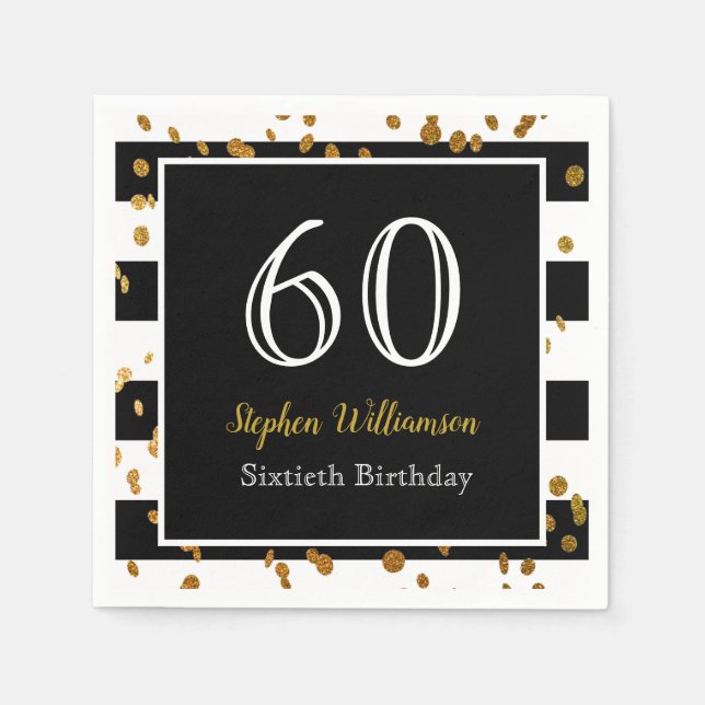 60th Birthday Party| Black White and Gold Glitter Napkins (Front)