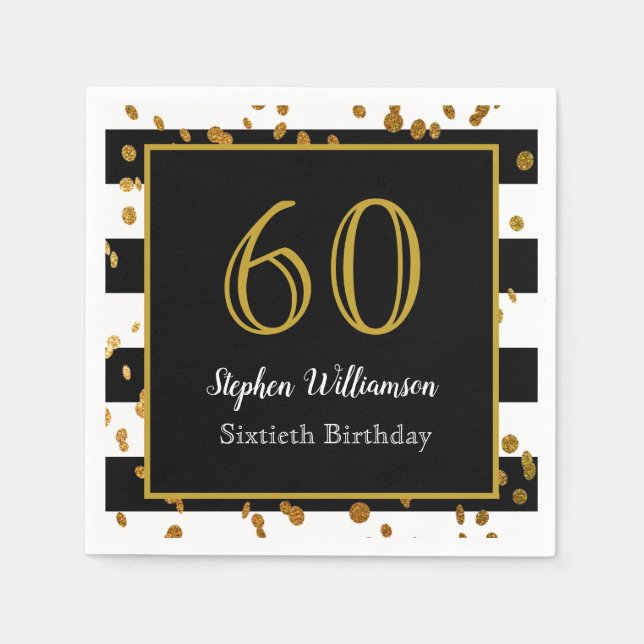 60th Birthday Party| Black White and Gold Glitter Napkins (Front)