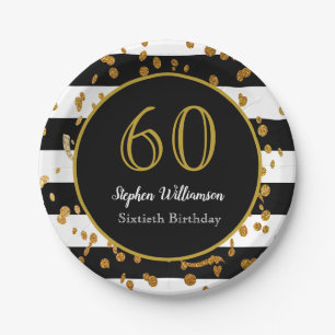 60th Birthday Party Black White and Gold Glitter Paper Plates