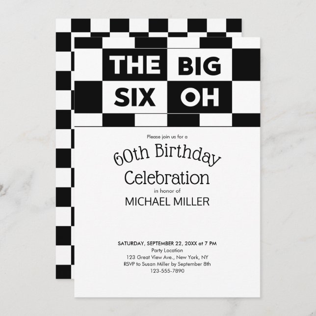 60th Birthday Party Black White Checkered Pattern Invitation (Front/Back)