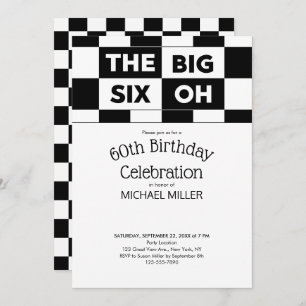 60th Birthday Party Black White Checkered Pattern Invitation
