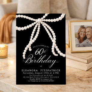 60th Birthday Party Black White Coquette Pearl Bow Invitation